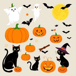 A collection of vintage 1950s Halloween clip art featuring classic elements such as pumpkins, black cats, witches, ghosts, and bats