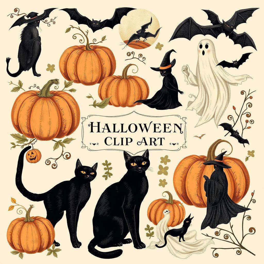 A collection of vintage Victorian Halloween clip art featuring classic elements such as pumpkins, black cats, witches, ghosts, and bats