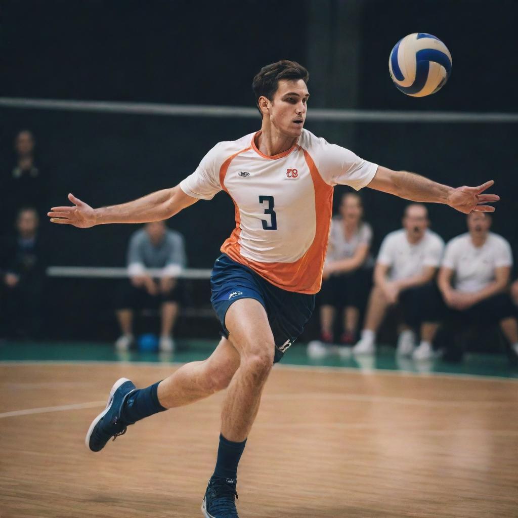 A dynamic and focused volleyball player mid-stride, preparing for a powerful attack with intense energy emanating from him.