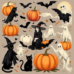 A collection of vintage Victorian Halloween clip art featuring classic elements such as pumpkins, black cats, witches, ghosts, and bats