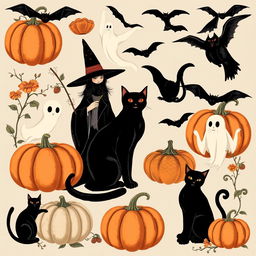 A collection of vintage Victorian Halloween clip art featuring classic elements such as pumpkins, black cats, witches, ghosts, and bats