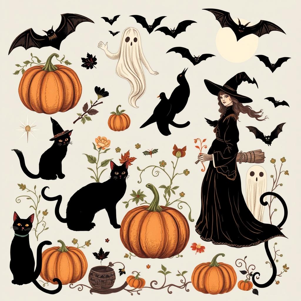 A collection of vintage Victorian Halloween clip art featuring classic elements such as pumpkins, black cats, witches, ghosts, and bats