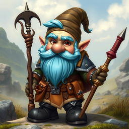 A Gnome with ice blue hair and sideburns, wearing medium armor and holding an explorer's staff