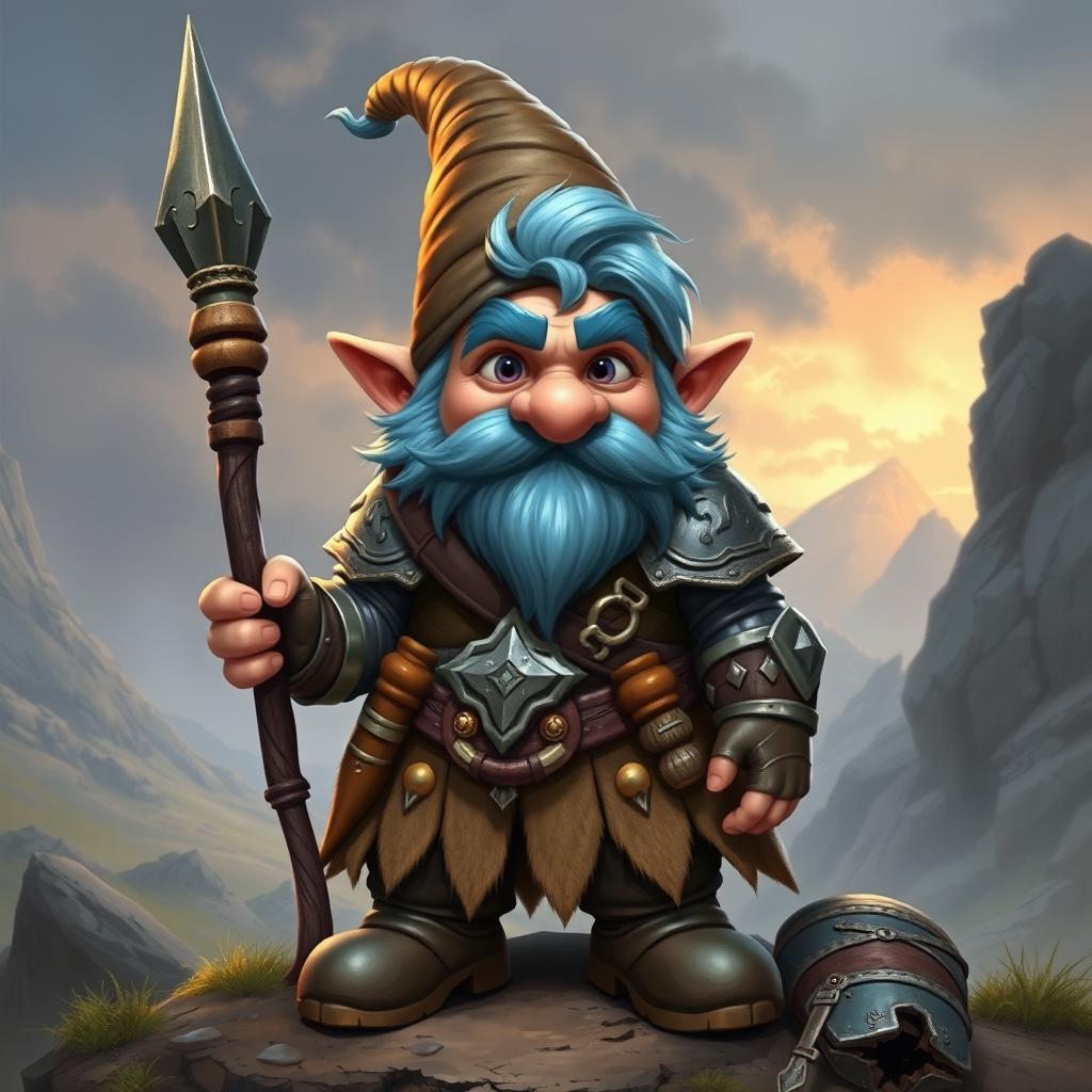 A Gnome with ice blue hair and sideburns, wearing medium armor and holding an explorer's staff