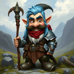 A Gnome with ice blue hair and sideburns, wearing medium armor and holding an explorer's staff