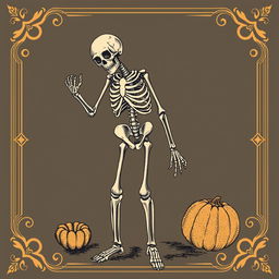 A vintage Victorian Halloween clip art featuring a skeleton