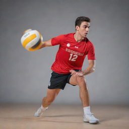 A dynamic and focused volleyball player mid-stride, preparing for a powerful attack with intense energy emanating from him.