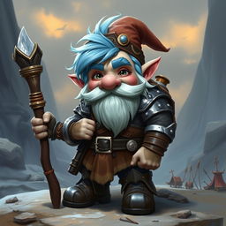 A Gnome with ice blue hair and sideburns, wearing medium armor and holding an explorer's staff