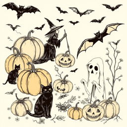 A vintage Halloween clip art sketch illustration featuring classic elements such as pumpkins, black cats, witches, ghosts, and bats