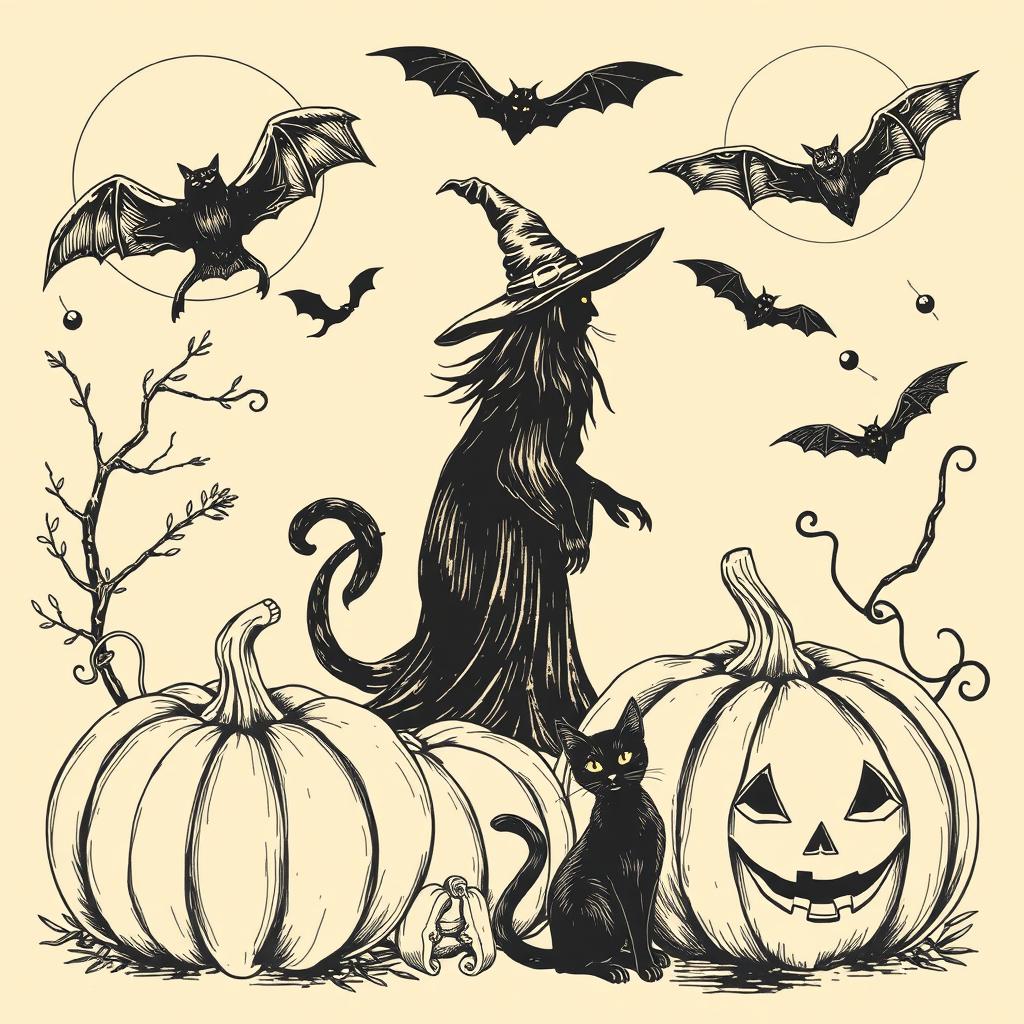 A vintage Halloween clip art sketch illustration featuring classic elements such as pumpkins, black cats, witches, ghosts, and bats