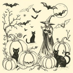 A vintage Halloween clip art sketch illustration featuring classic elements such as pumpkins, black cats, witches, ghosts, and bats