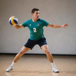 A dynamic and focused volleyball player mid-stride, preparing for a powerful attack with intense energy emanating from him.