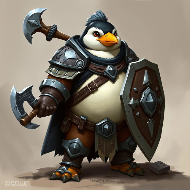 A DnD character named Pip, a very strong Penguin clad in heavy armor