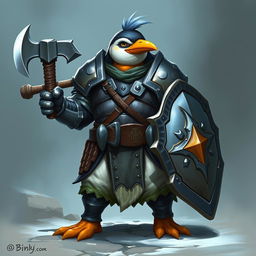 A DnD character named Pip, a very strong Penguin clad in heavy armor