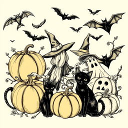 A vintage Halloween clip art sketch illustration featuring classic elements such as pumpkins, black cats, witches, ghosts, and bats