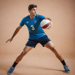 A dynamic and focused volleyball player mid-stride, preparing for a powerful attack with intense energy emanating from him.