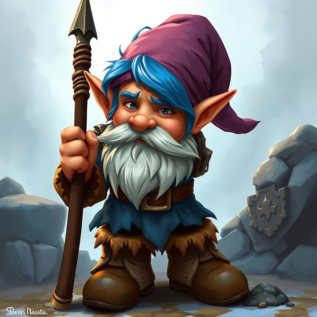 Create an epic Dungeons & Dragons gnome character with blue hair and sideburns, but no moustache or beard