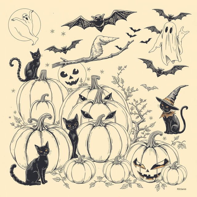 A vintage Halloween sketch illustration featuring classic elements such as pumpkins, black cats, witches, ghosts, and bats