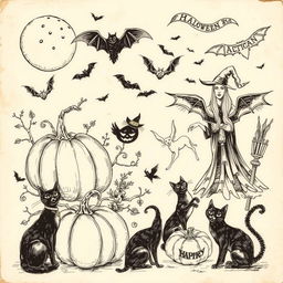 A vintage Halloween sketch illustration featuring classic elements such as pumpkins, black cats, witches, ghosts, and bats