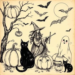 A vintage Halloween sketch illustration featuring classic elements such as pumpkins, black cats, witches, ghosts, and bats