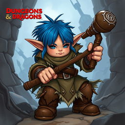 Create a Dungeons & Dragons halfling character with blue hair and sideburns