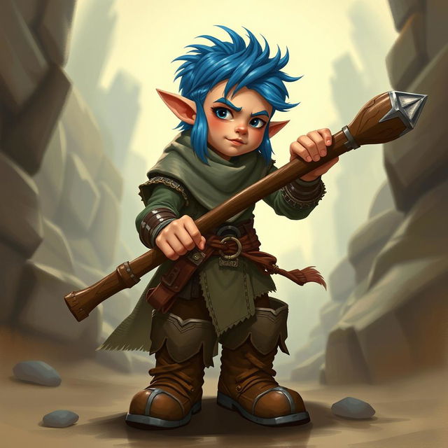 Create a Dungeons & Dragons halfling character with blue hair and sideburns