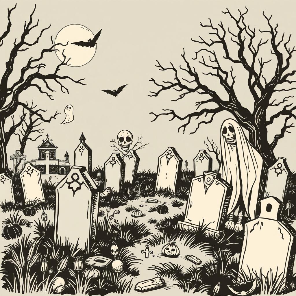 A vintage Halloween graveyard clip art sketch illustration featuring classic elements such as tombstones, skeletons, ghosts, and eerie trees