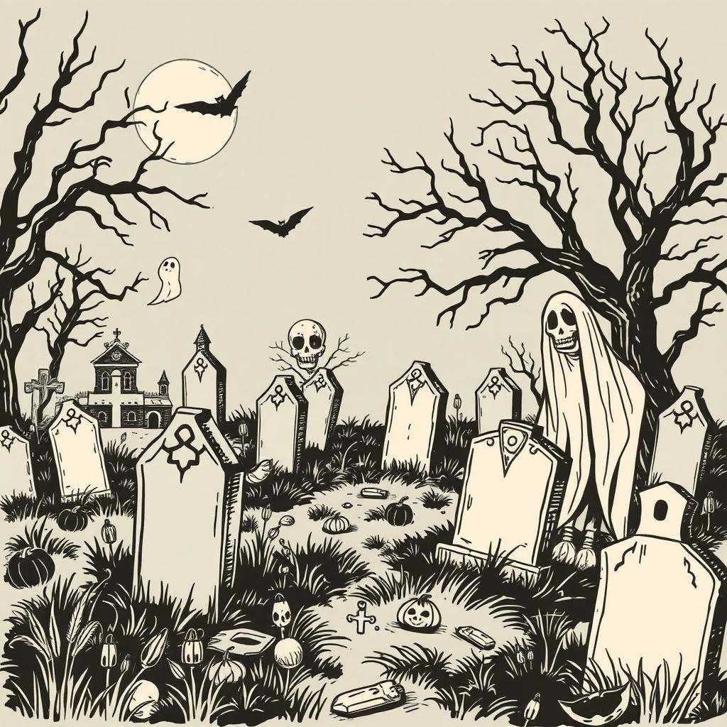 A vintage Halloween graveyard clip art sketch illustration featuring classic elements such as tombstones, skeletons, ghosts, and eerie trees