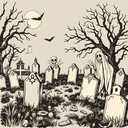 A vintage Halloween graveyard clip art sketch illustration featuring classic elements such as tombstones, skeletons, ghosts, and eerie trees