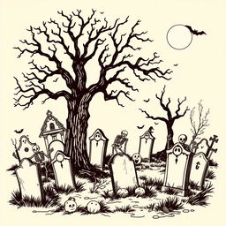 A vintage Halloween graveyard clip art sketch illustration featuring classic elements such as tombstones, skeletons, ghosts, and eerie trees