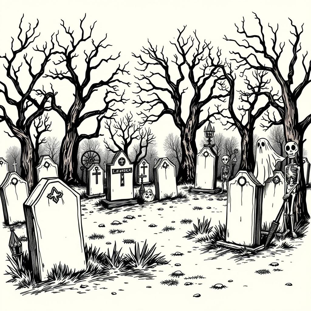 A vintage Halloween graveyard clip art sketch illustration featuring classic elements such as tombstones, skeletons, ghosts, and eerie trees