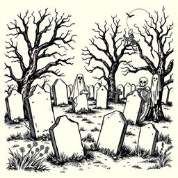 A vintage Halloween graveyard clip art sketch illustration featuring classic elements such as tombstones, skeletons, ghosts, and eerie trees