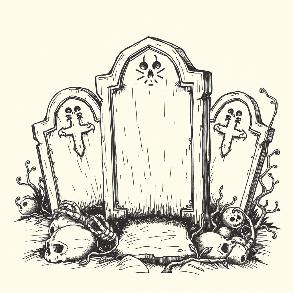 A vintage Halloween tombstone clip art sketch illustration featuring classic elements such as old, weathered tombstones, skeletal hands emerging from the ground, and eerie vines