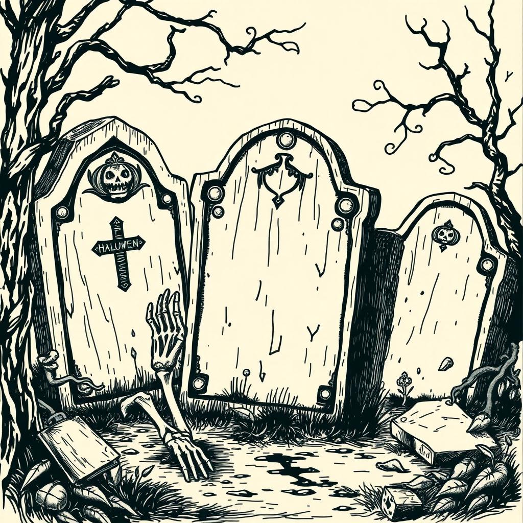 A vintage Halloween tombstone clip art sketch illustration featuring classic elements such as old, weathered tombstones, skeletal hands emerging from the ground, and eerie vines