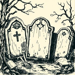 A vintage Halloween tombstone clip art sketch illustration featuring classic elements such as old, weathered tombstones, skeletal hands emerging from the ground, and eerie vines