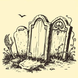 A vintage Halloween tombstone clip art sketch illustration featuring classic elements such as old, weathered tombstones, skeletal hands emerging from the ground, and eerie vines