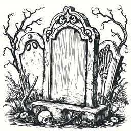 A vintage Halloween tombstone clip art sketch illustration featuring classic elements such as old, weathered tombstones, skeletal hands emerging from the ground, and eerie vines