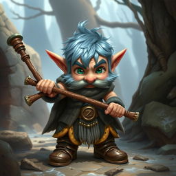 Create a Dungeons & Dragons halfling character with ice blue hair, sideburn mutton chops, and green eyes