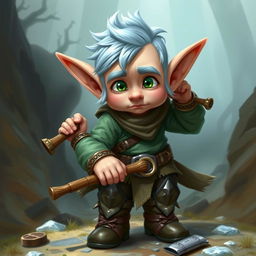 Create a Dungeons & Dragons halfling character with ice blue hair, sideburn mutton chops, and green eyes