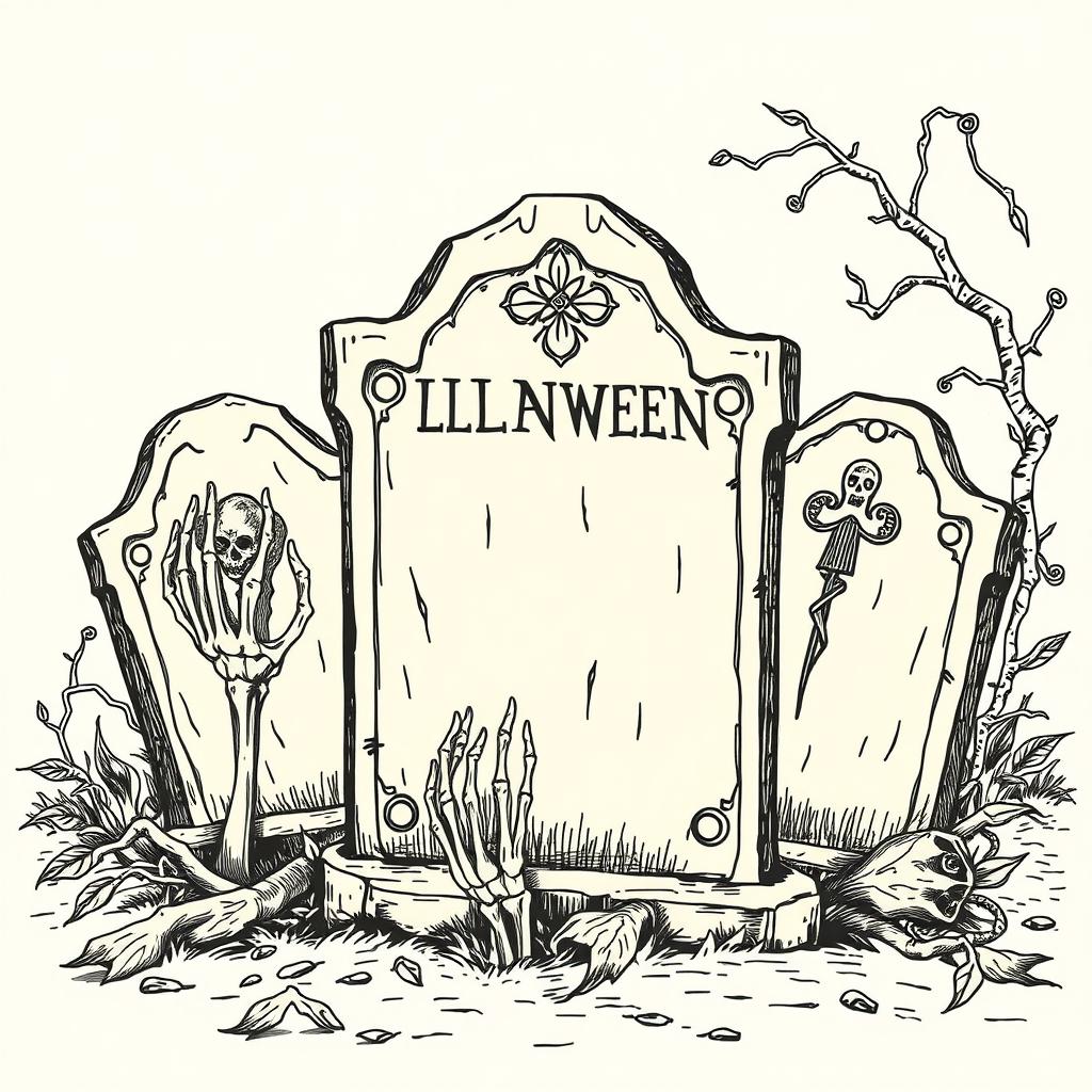 A vintage Halloween tombstone clip art sketch illustration featuring classic elements such as old, weathered tombstones, skeletal hands emerging from the ground, and eerie vines