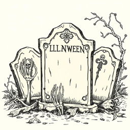 A vintage Halloween tombstone clip art sketch illustration featuring classic elements such as old, weathered tombstones, skeletal hands emerging from the ground, and eerie vines