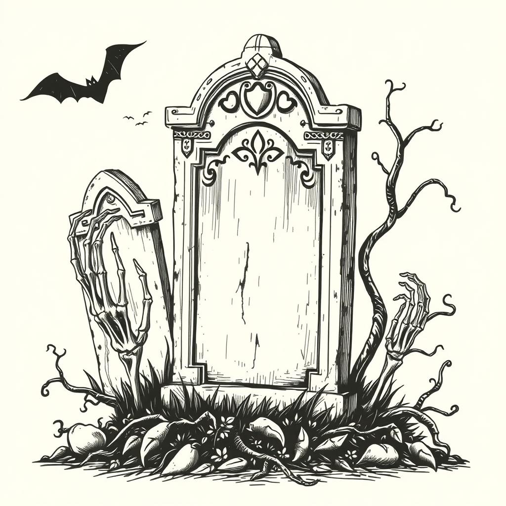 A vintage Halloween tombstone clip art sketch illustration featuring classic elements such as old, weathered tombstones, skeletal hands emerging from the ground, and eerie vines