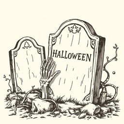 A vintage Halloween tombstone clip art sketch illustration featuring classic elements such as old, weathered tombstones, skeletal hands emerging from the ground, and eerie vines