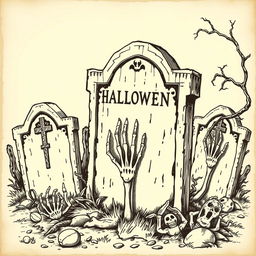 A vintage Halloween tombstone clip art sketch illustration featuring classic elements such as old, weathered tombstones, skeletal hands emerging from the ground, and eerie vines