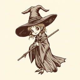 A vintage witch clip art sketch illustration featuring a classic witch with a pointed hat, broomstick, and flowing robes