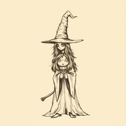 A vintage witch clip art sketch illustration featuring a classic witch with a pointed hat, broomstick, and flowing robes