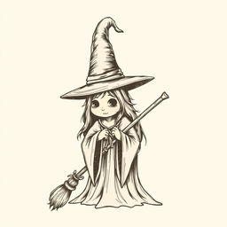 A vintage witch clip art sketch illustration featuring a classic witch with a pointed hat, broomstick, and flowing robes