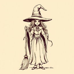 A vintage witch clip art sketch illustration featuring a classic witch with a pointed hat, broomstick, and flowing robes