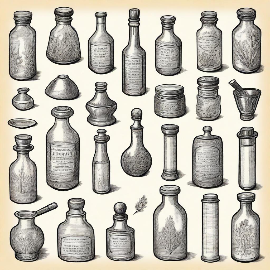 A collection of vintage apothecary clip art sketch illustrations featuring classic elements such as old glass bottles, mortar and pestle, herbs, and medicinal plants