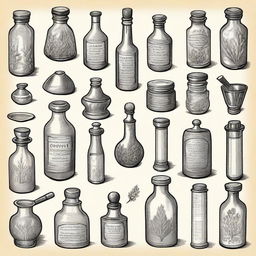 A collection of vintage apothecary clip art sketch illustrations featuring classic elements such as old glass bottles, mortar and pestle, herbs, and medicinal plants